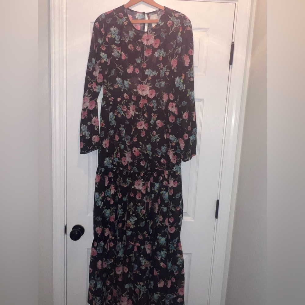 Gab Kate Mixology Maxi Dress Womens Multicolor L Long Sleeve Zip Floral Lined